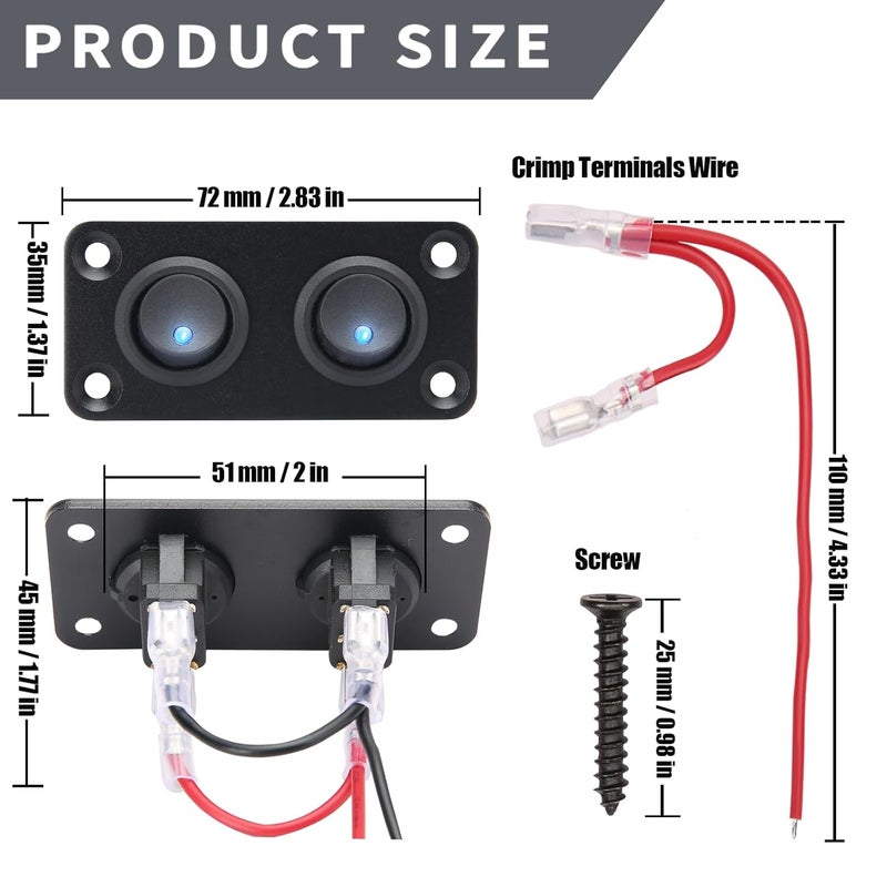 SDAQGE Round Rocker Switch Panel with 3 Pin Toggle Switch 12v 20a Blue Led Switch Panel Aluminum On Off Switch 12v for Car,Truck Marine Boat Rv Vehicle Yachts Etc （2 Way） - Image 3